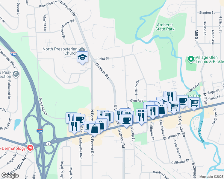 map of restaurants, bars, coffee shops, grocery stores, and more near 115 North Union Road in Buffalo