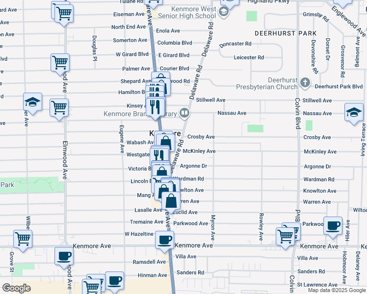 map of restaurants, bars, coffee shops, grocery stores, and more near 75 Delaware Road in Buffalo