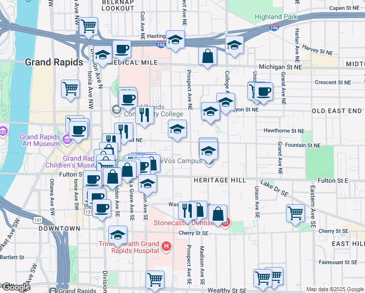 map of restaurants, bars, coffee shops, grocery stores, and more near 49 Prospect Avenue Northeast in Grand Rapids