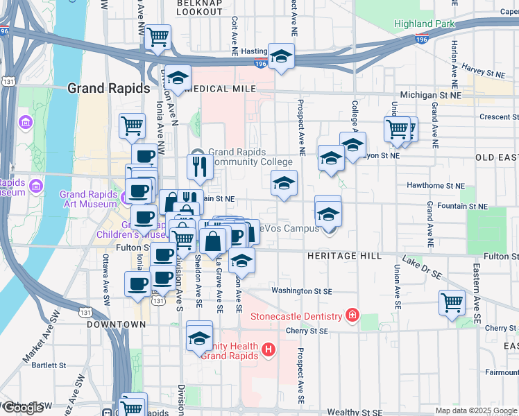 map of restaurants, bars, coffee shops, grocery stores, and more near 23 Barclay Avenue Northeast in Grand Rapids