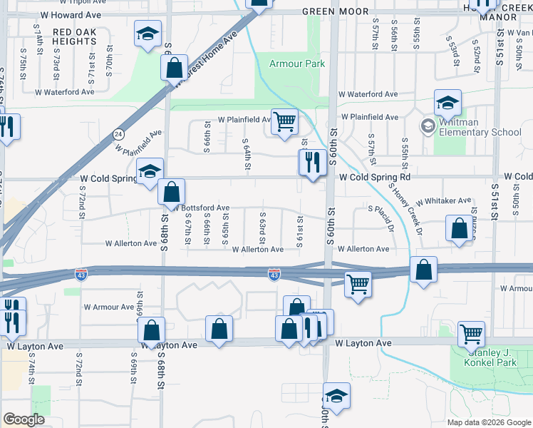 map of restaurants, bars, coffee shops, grocery stores, and more near 4431 South 62nd Street in Greenfield