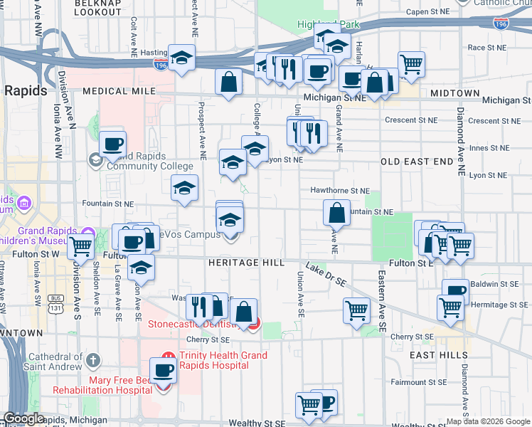 map of restaurants, bars, coffee shops, grocery stores, and more near 508 Fountain Street Northeast in Grand Rapids