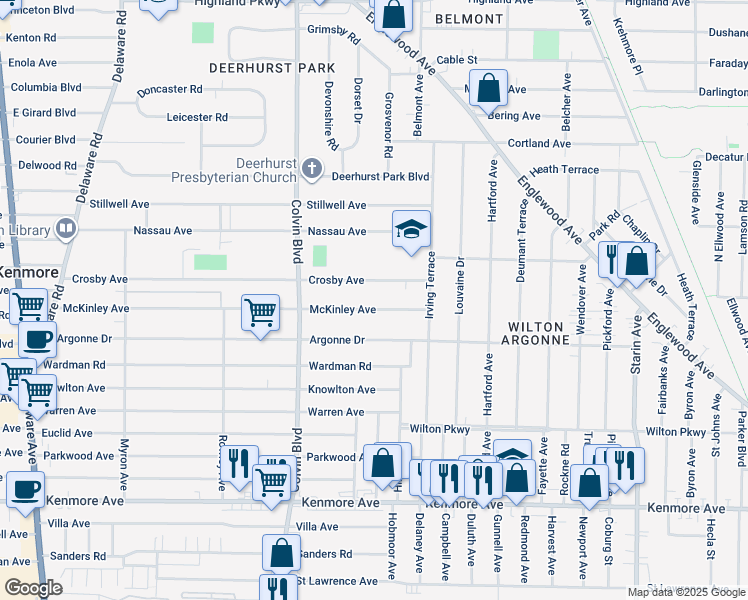 map of restaurants, bars, coffee shops, grocery stores, and more near 369 McKinley Avenue in Buffalo