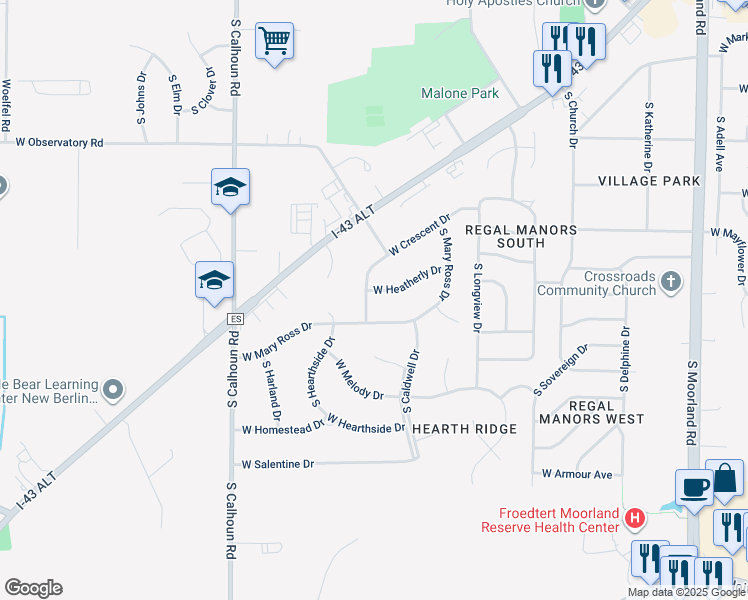 map of restaurants, bars, coffee shops, grocery stores, and more near 16620 West Mary Ross Drive in New Berlin