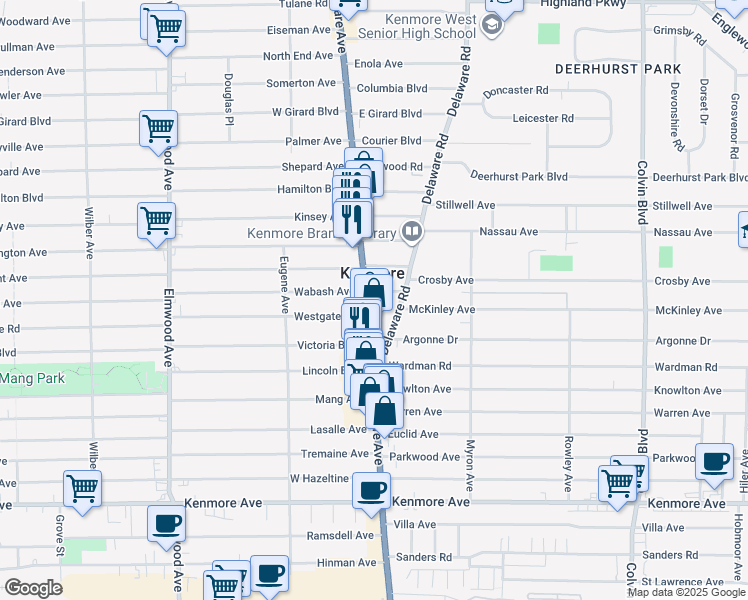 map of restaurants, bars, coffee shops, grocery stores, and more near 2971 Delaware Avenue in Kenmore