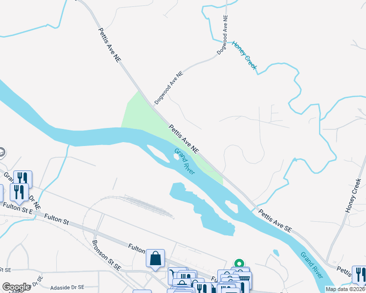 map of restaurants, bars, coffee shops, grocery stores, and more near 150 Pettis Avenue Northeast in Ada