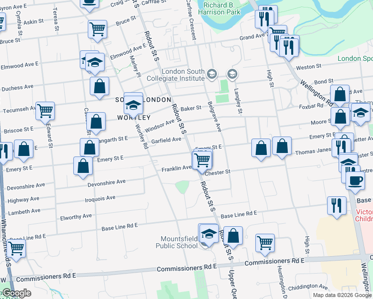 map of restaurants, bars, coffee shops, grocery stores, and more near 345 Emery Street East in London