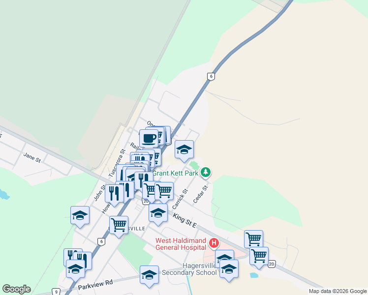 map of restaurants, bars, coffee shops, grocery stores, and more near 30 Alma Street North in Hagersville