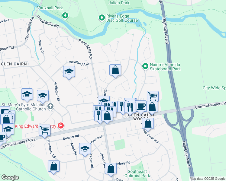 map of restaurants, bars, coffee shops, grocery stores, and more near 132 Sandy Street in London