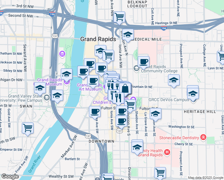 map of restaurants, bars, coffee shops, grocery stores, and more near Ottawa Ave NW & Monroe Center St NW in Grand Rapids