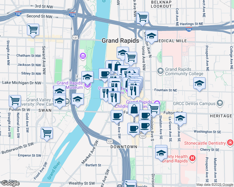 map of restaurants, bars, coffee shops, grocery stores, and more near 99 Monroe Avenue Northwest in Grand Rapids