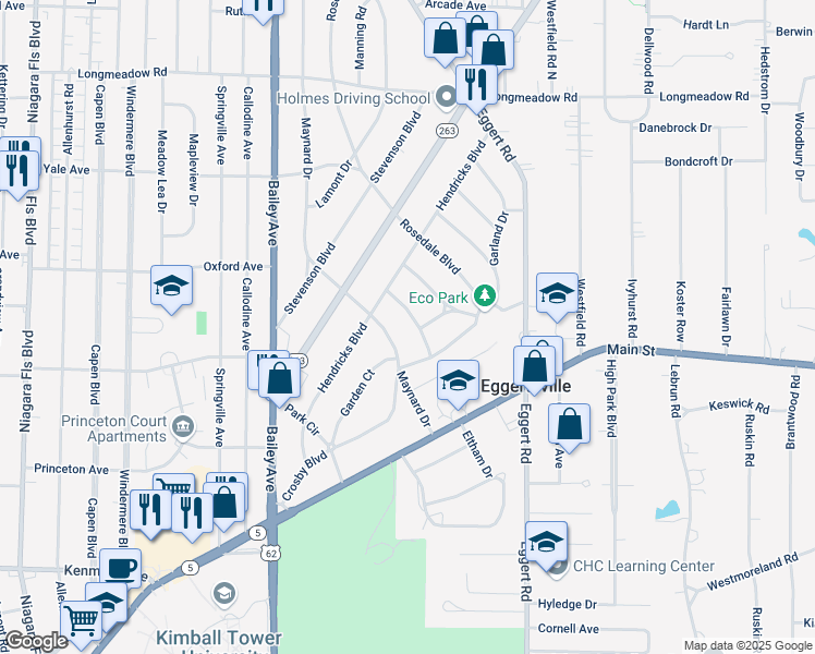 map of restaurants, bars, coffee shops, grocery stores, and more near 93 Maynard Drive in Buffalo