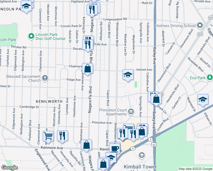 map of restaurants, bars, coffee shops, grocery stores, and more near 299 Capen Boulevard in Buffalo