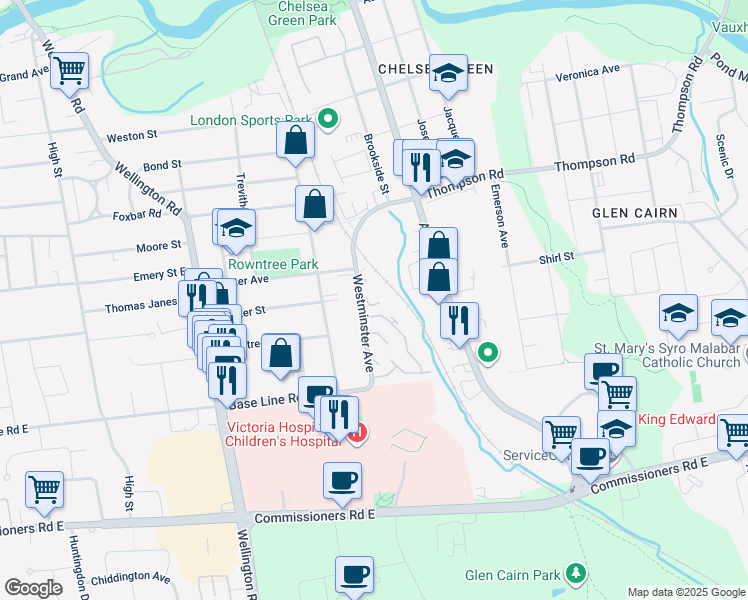 map of restaurants, bars, coffee shops, grocery stores, and more near 300 Westminster Avenue in London