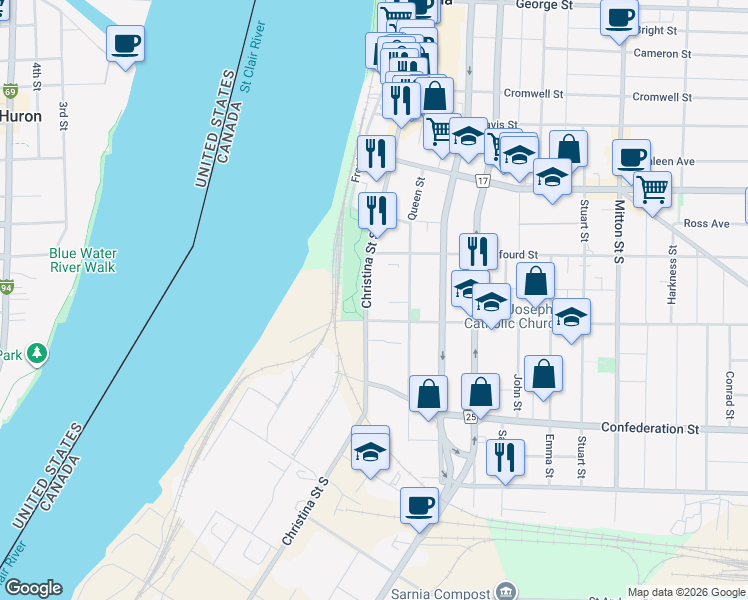map of restaurants, bars, coffee shops, grocery stores, and more near 232 Devine Street in Sarnia