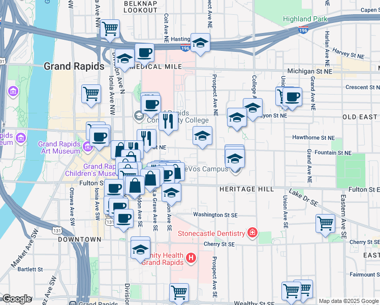 map of restaurants, bars, coffee shops, grocery stores, and more near 55 Lafayette Avenue Northeast in Grand Rapids