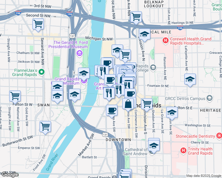 map of restaurants, bars, coffee shops, grocery stores, and more near in Grand Rapids