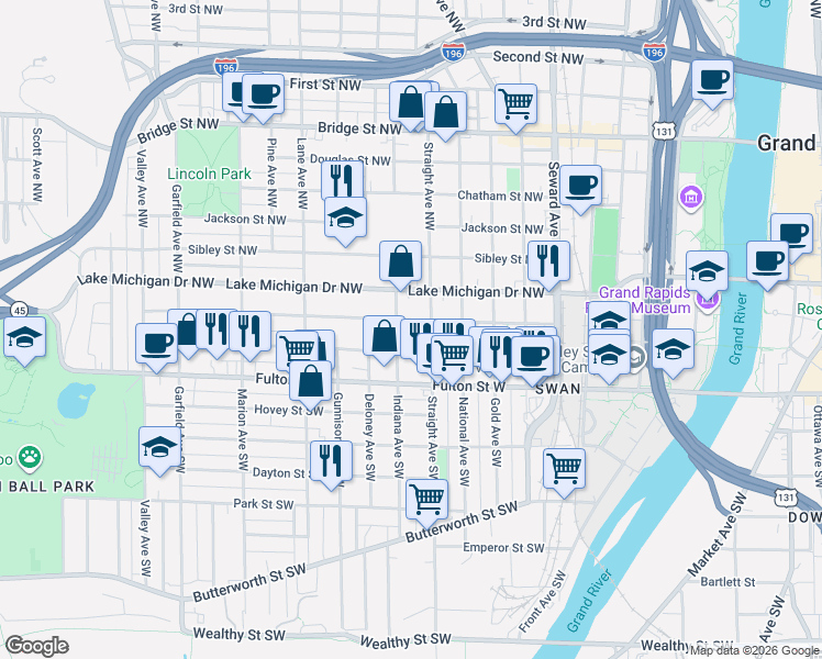 map of restaurants, bars, coffee shops, grocery stores, and more near 840 Veto Street Northwest in Grand Rapids