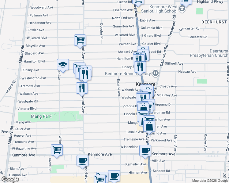 map of restaurants, bars, coffee shops, grocery stores, and more near 116 Westgate Road in Buffalo