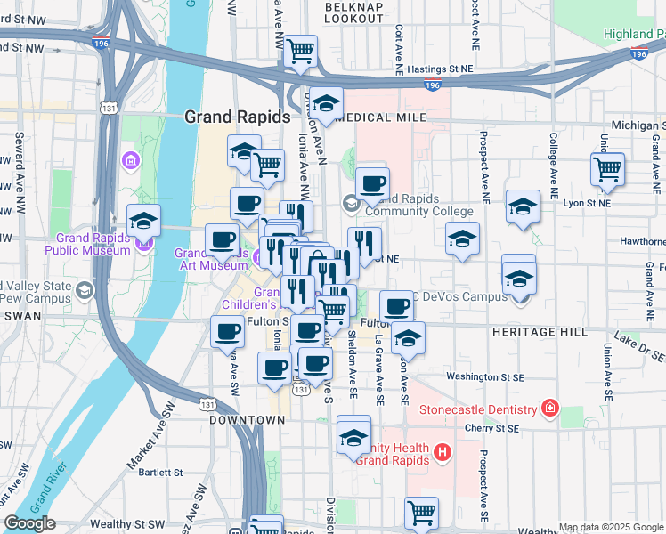 map of restaurants, bars, coffee shops, grocery stores, and more near 60 Division Avenue North in Grand Rapids