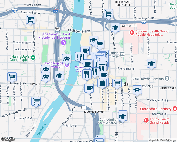 map of restaurants, bars, coffee shops, grocery stores, and more near 99 Monroe Avenue Northwest in Grand Rapids