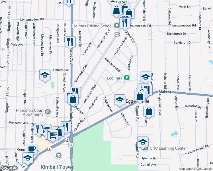 map of restaurants, bars, coffee shops, grocery stores, and more near 93 Maynard Drive in Buffalo