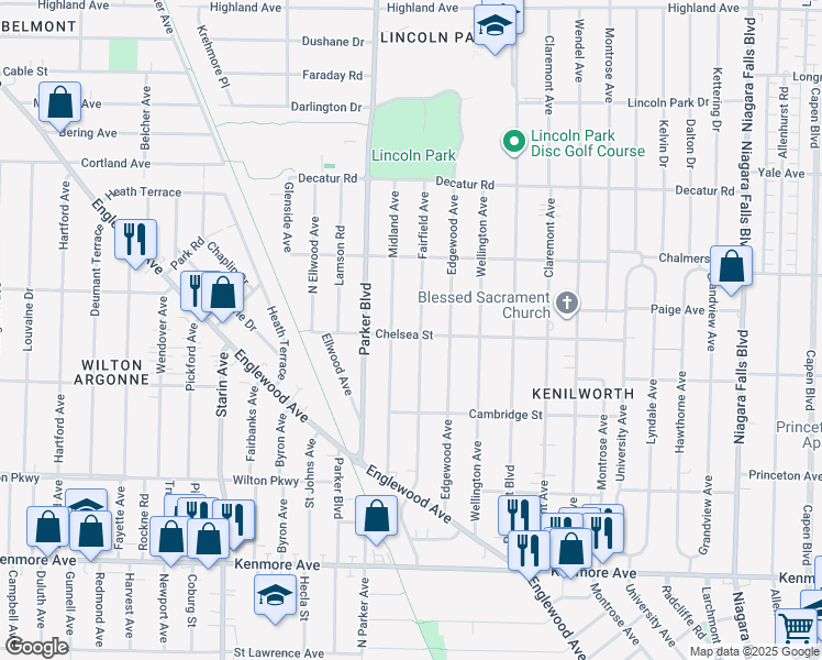 map of restaurants, bars, coffee shops, grocery stores, and more near 129 Midland Avenue in Buffalo