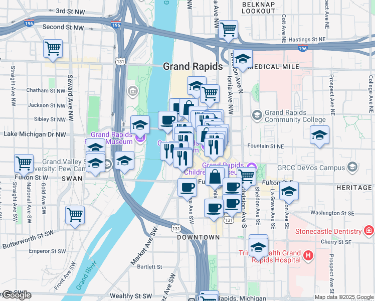 map of restaurants, bars, coffee shops, grocery stores, and more near in Grand Rapids