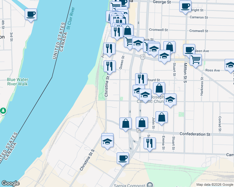 map of restaurants, bars, coffee shops, grocery stores, and more near 219 Queen Street in Sarnia