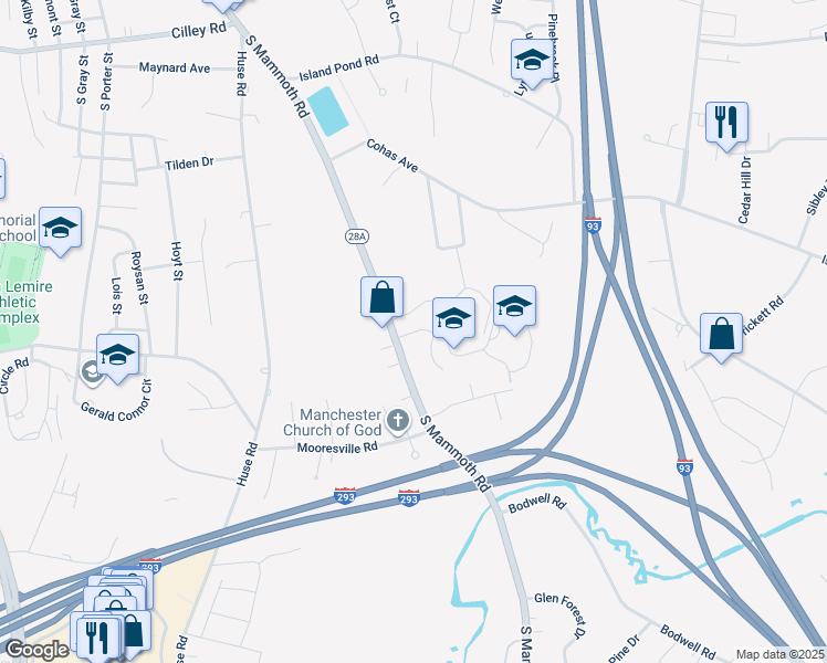 map of restaurants, bars, coffee shops, grocery stores, and more near 100 Aurore Avenue in Manchester