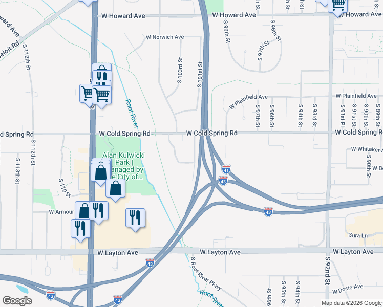 map of restaurants, bars, coffee shops, grocery stores, and more near 10137 West Cold Spring Road in Greenfield
