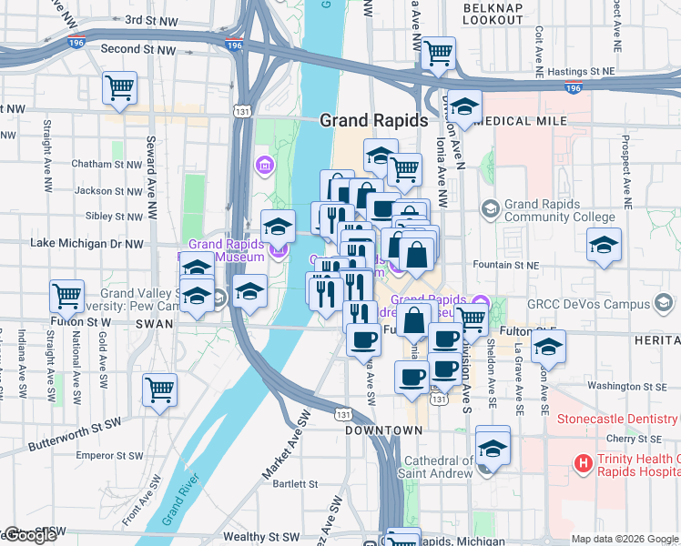 map of restaurants, bars, coffee shops, grocery stores, and more near 49 Campau Avenue Northwest in Grand Rapids