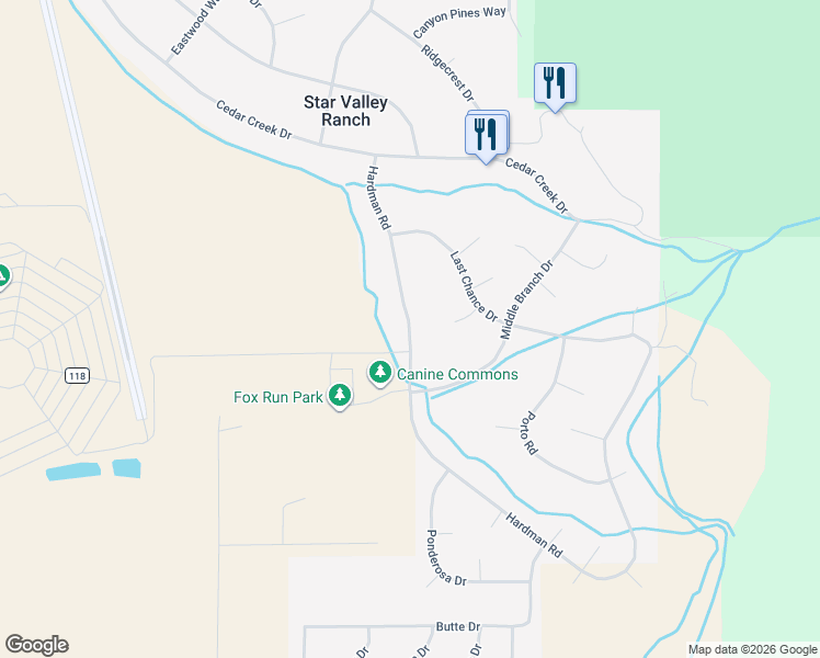 map of restaurants, bars, coffee shops, grocery stores, and more near 385 Hardman Road in Star Valley Ranch