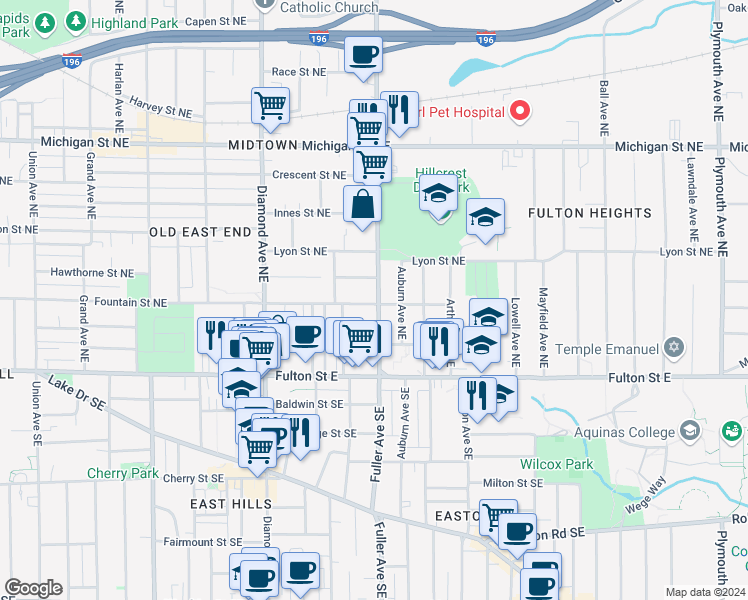 map of restaurants, bars, coffee shops, grocery stores, and more near 101 Fuller Avenue Northeast in Grand Rapids