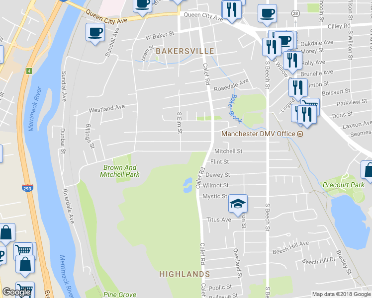 map of restaurants, bars, coffee shops, grocery stores, and more near 22 Mitchell Street in Manchester