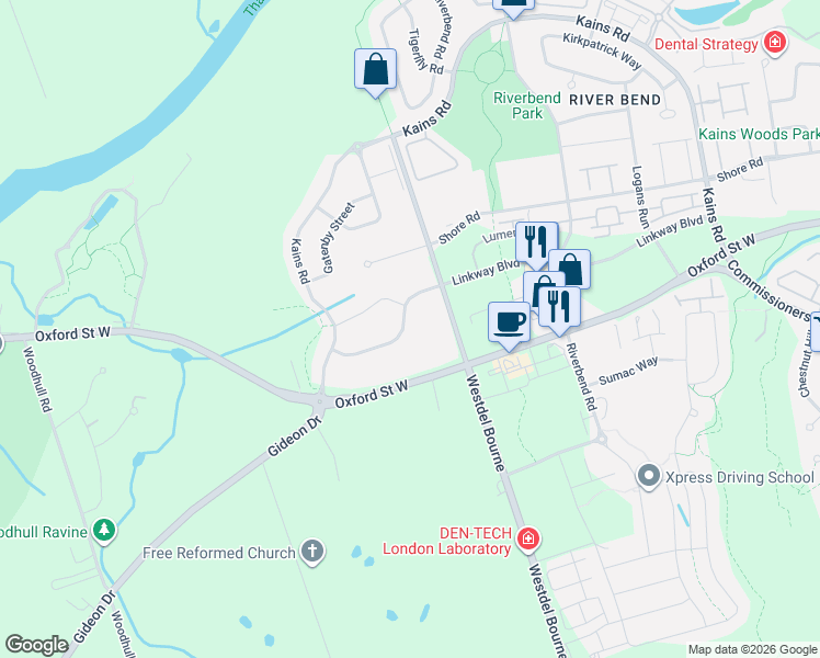 map of restaurants, bars, coffee shops, grocery stores, and more near 1959 Oxford Street West in London