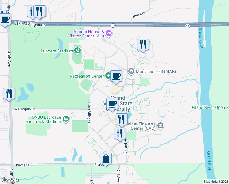 map of restaurants, bars, coffee shops, grocery stores, and more near 10801 North Campus Drive in Allendale