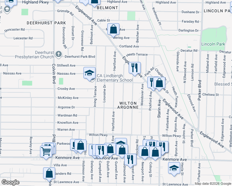 map of restaurants, bars, coffee shops, grocery stores, and more near 216 Hartford Avenue in Buffalo