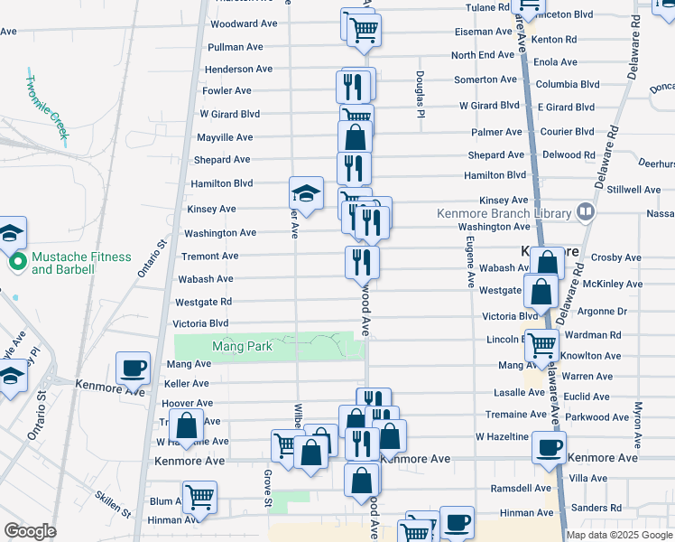 map of restaurants, bars, coffee shops, grocery stores, and more near 271 Westgate Road in Buffalo
