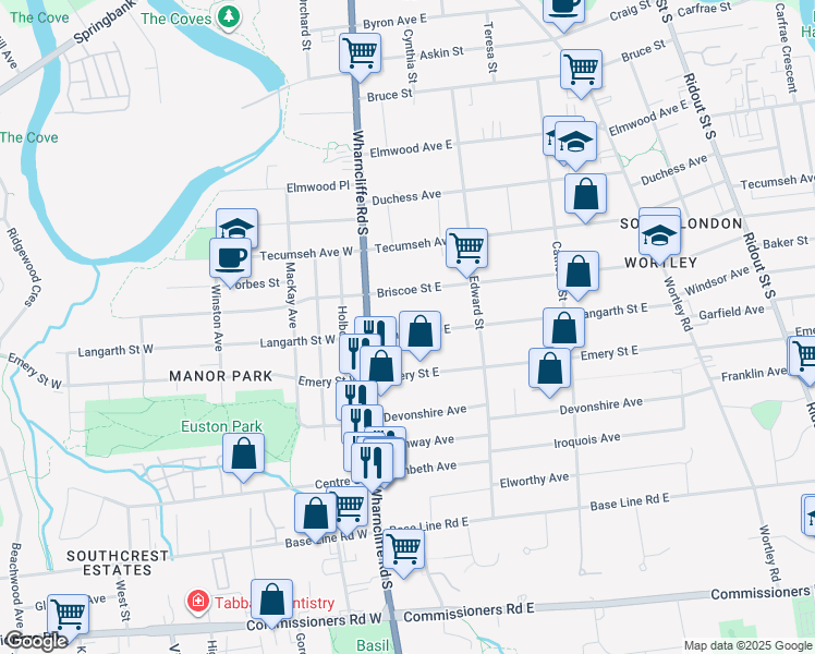 map of restaurants, bars, coffee shops, grocery stores, and more near 31 Langarth Street East in London