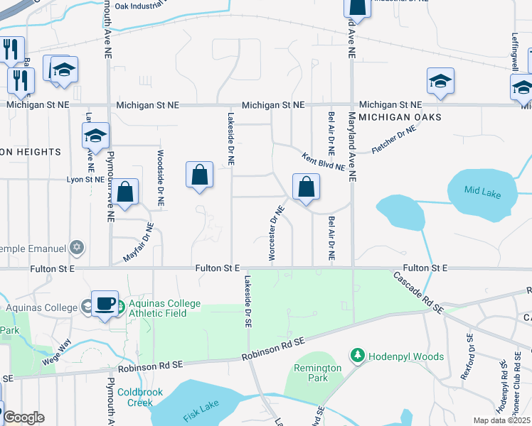map of restaurants, bars, coffee shops, grocery stores, and more near 2161 Kruppvilla Drive Northeast in Grand Rapids