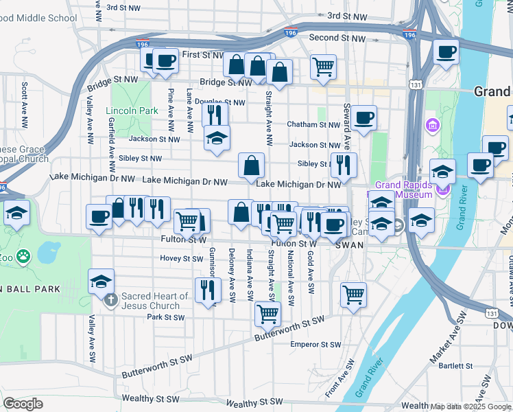 map of restaurants, bars, coffee shops, grocery stores, and more near 840 Veto Street Northwest in Grand Rapids