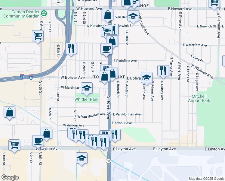 map of restaurants, bars, coffee shops, grocery stores, and more near 4388 South Howell Avenue in Milwaukee