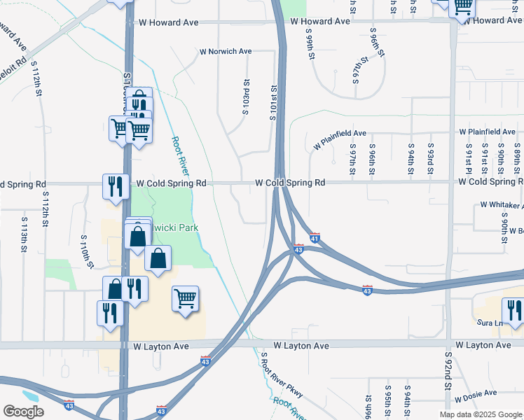 map of restaurants, bars, coffee shops, grocery stores, and more near 10145 West Cold Spring Road in Greenfield
