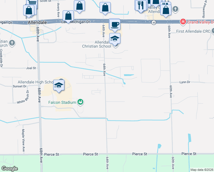 map of restaurants, bars, coffee shops, grocery stores, and more near 10775 64th Avenue in Allendale Charter Township