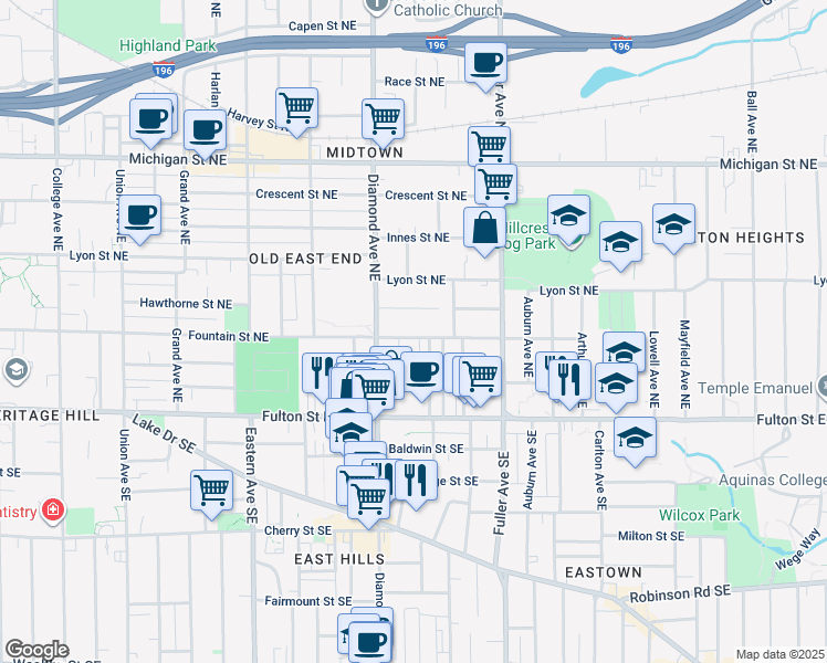 map of restaurants, bars, coffee shops, grocery stores, and more near 1035 Fountain Street Northeast in Grand Rapids