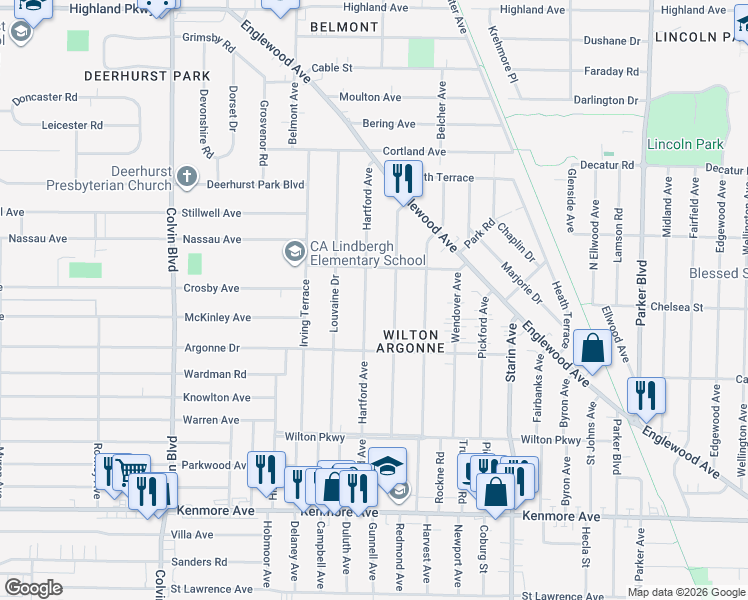 map of restaurants, bars, coffee shops, grocery stores, and more near 128 Deumant Terrace in Buffalo
