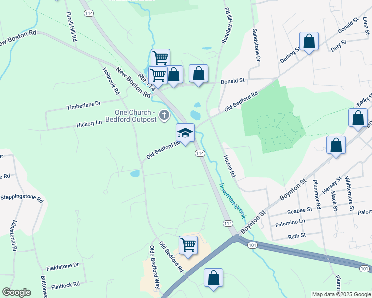 map of restaurants, bars, coffee shops, grocery stores, and more near 55 Old Bedford Road in Bedford