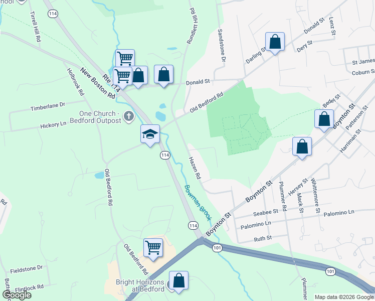 map of restaurants, bars, coffee shops, grocery stores, and more near Hazen Road in Bedford