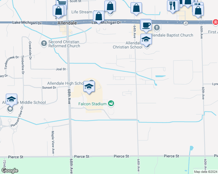 map of restaurants, bars, coffee shops, grocery stores, and more near 6582 Winans Street in Allendale Charter Township